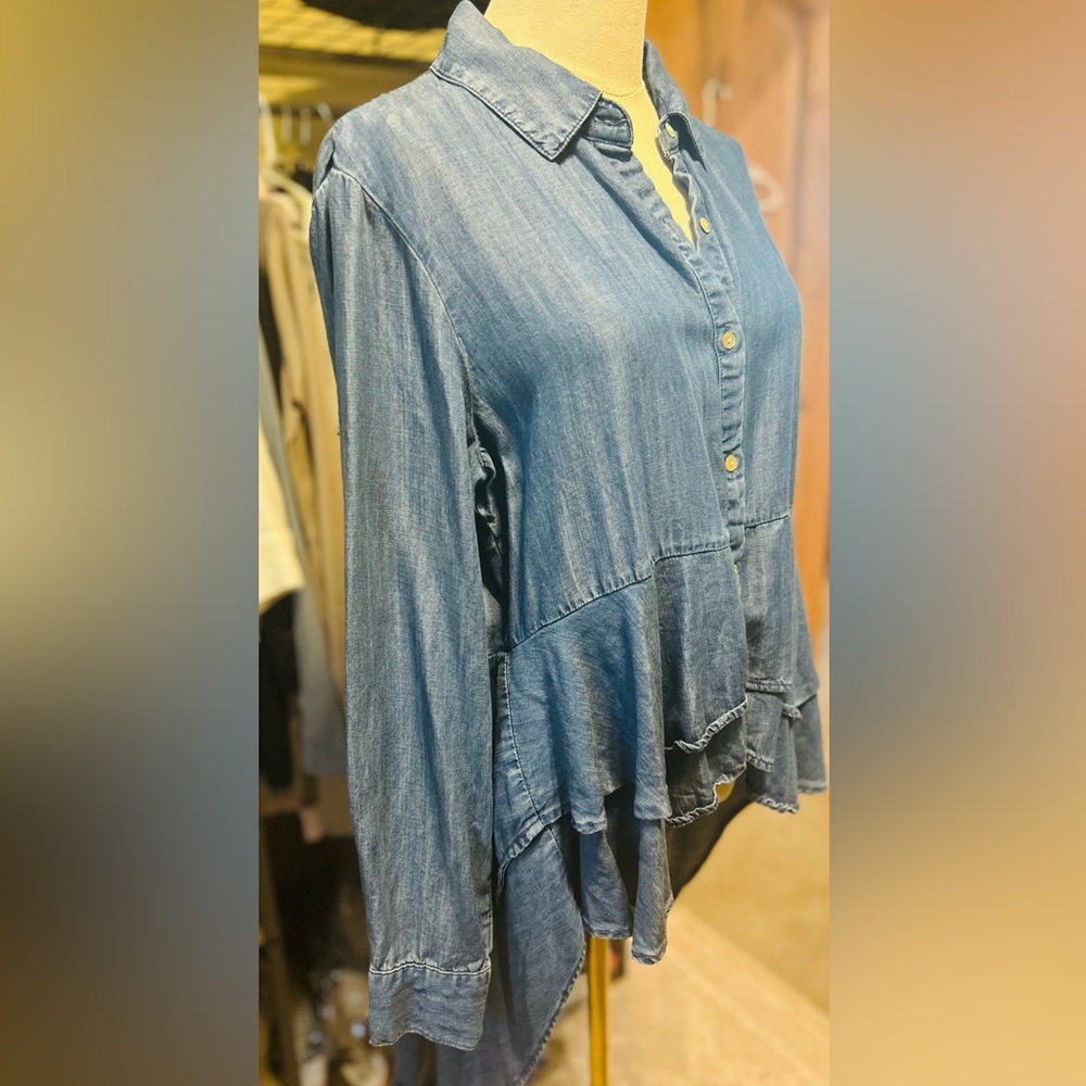 For The Republic Denim Blue Button-Down High Lo Long Sleeved Top